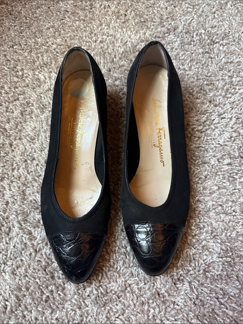 Salvatore Ferragamo Black Pointed Toe Pumps with Patent Cap